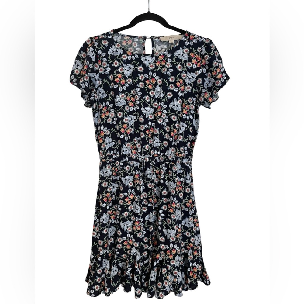 LOFT Floral Godet Drawstring Dress, Size Small